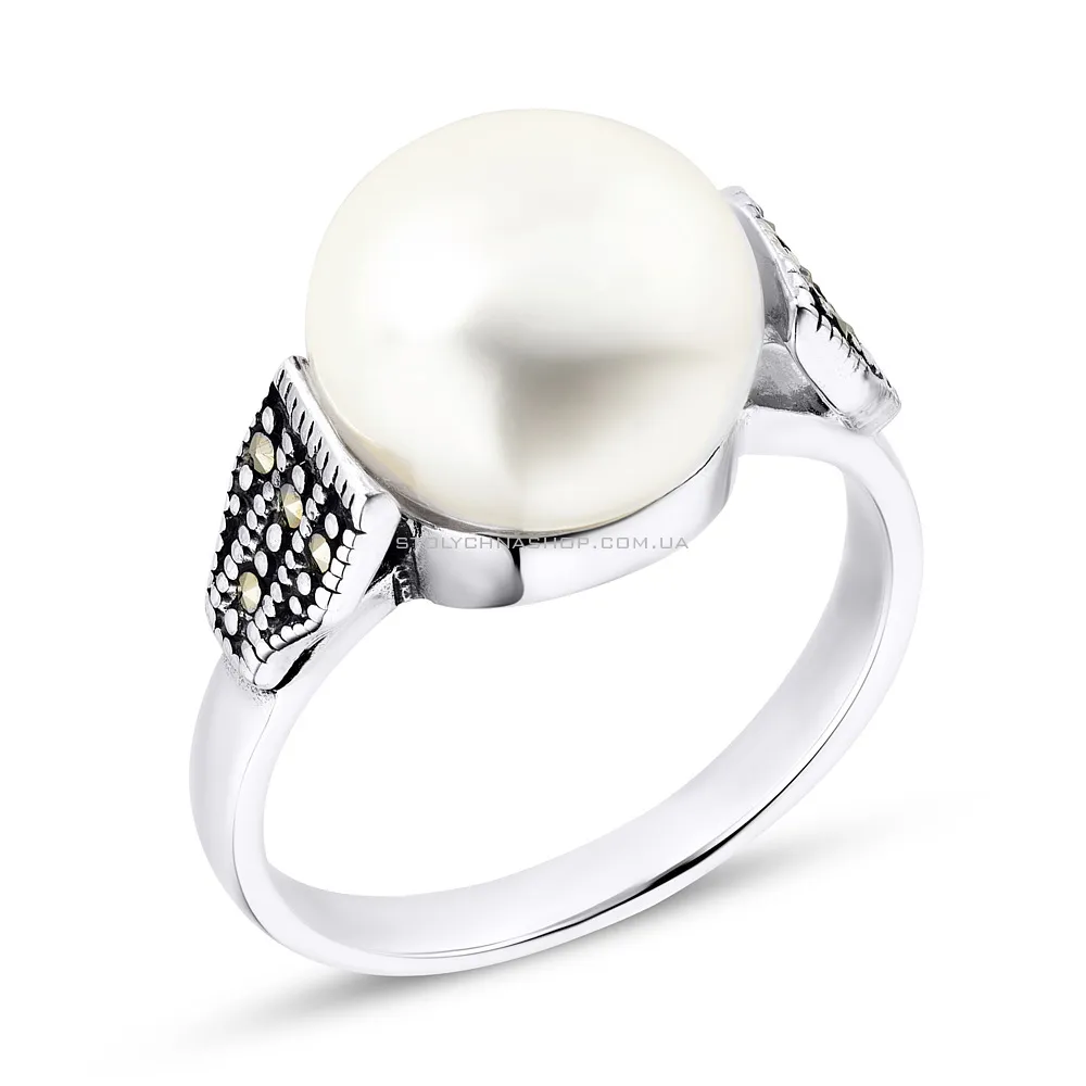 Серебряное кольцо с жемчугом и марказитами (арт. 7401/4217мркб) - цена