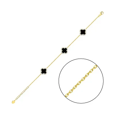 Серебряный браслет Клевер с ониксом и желтым родированием (арт. 7509/4225/10жо)