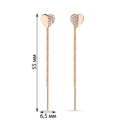 Золотые серьги-цепочки «Сердечки» с фианитами (арт. 101714)