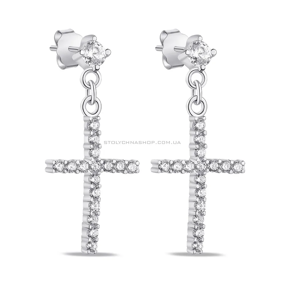Срібні сережки Хрестики з доріжкою з фіанітів (арт. 7518/С2Ф/1001)
