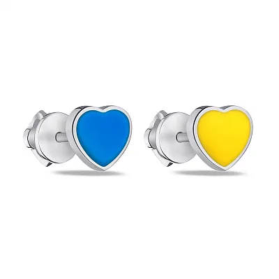 Сережки-пусети зі срібла Сердечка з синьою та жовтою емаллю (арт. 7518/797егжсю)