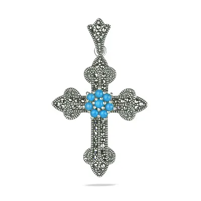 Хрестик зі срібла з бірюзою і марказитами (арт. 7403/2866мркБ)