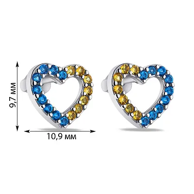 Срібні сережки-пусети у формі серця Прапор України (арт. 7518/2071/1агж)