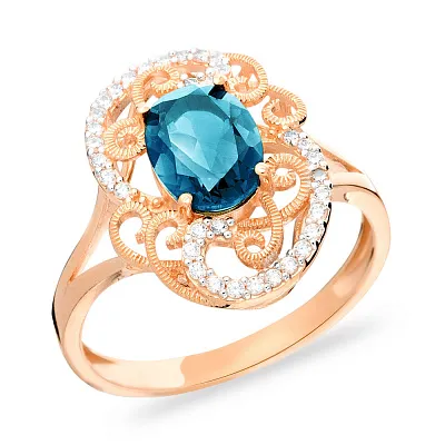 Золотое кольцо с голубым топазом и фианитами (арт. 140668Птг)