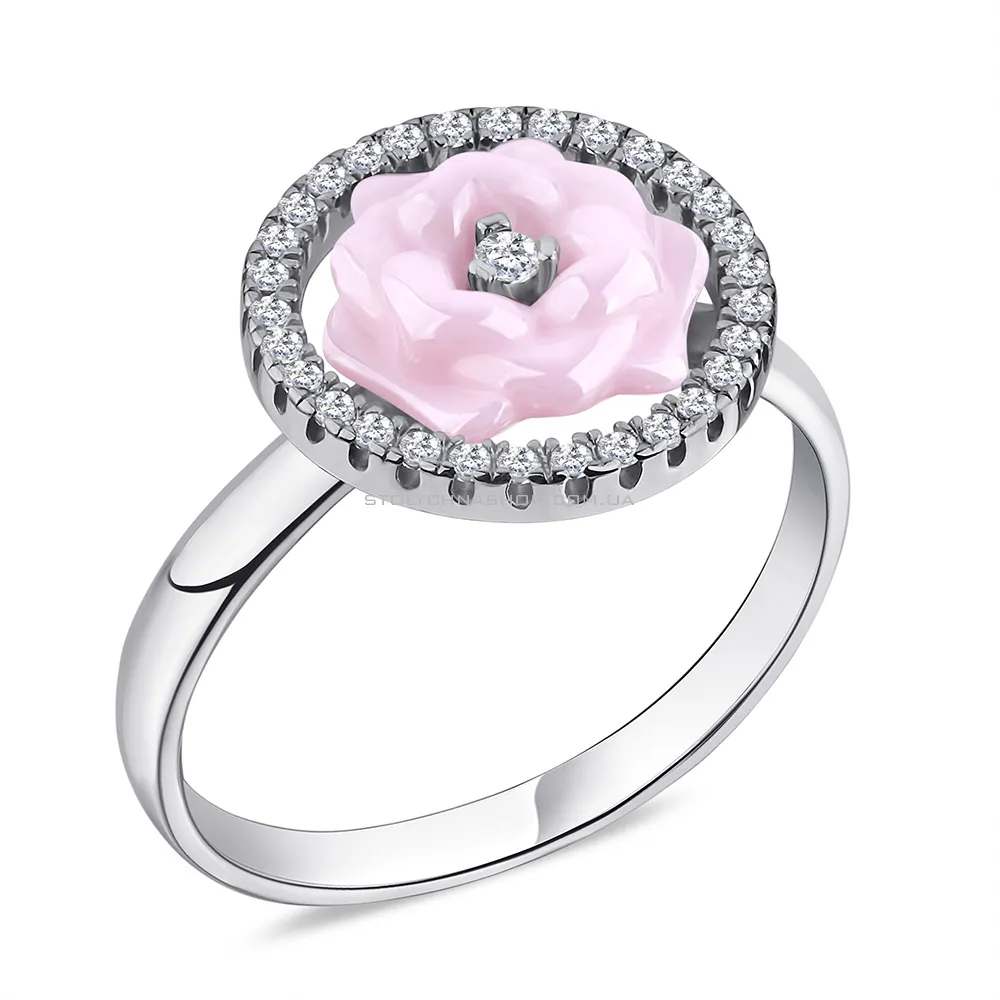 Серебряное кольцо "Цветок" с розовой керамикой и фианитами  (арт. 7501/1629р096)