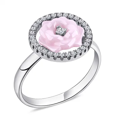 Серебряное кольцо &quot;Цветок&quot; с розовой керамикой и фианитами  (арт. 7501/1629р096)