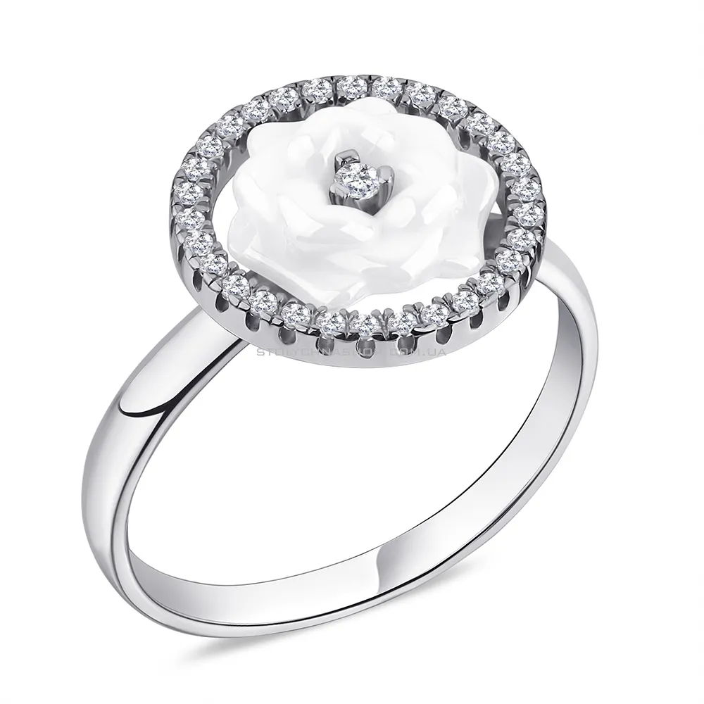 Серебряное кольцо "Цветок" с керамикой и фианитами  (арт. 7501/1629б096) - цена