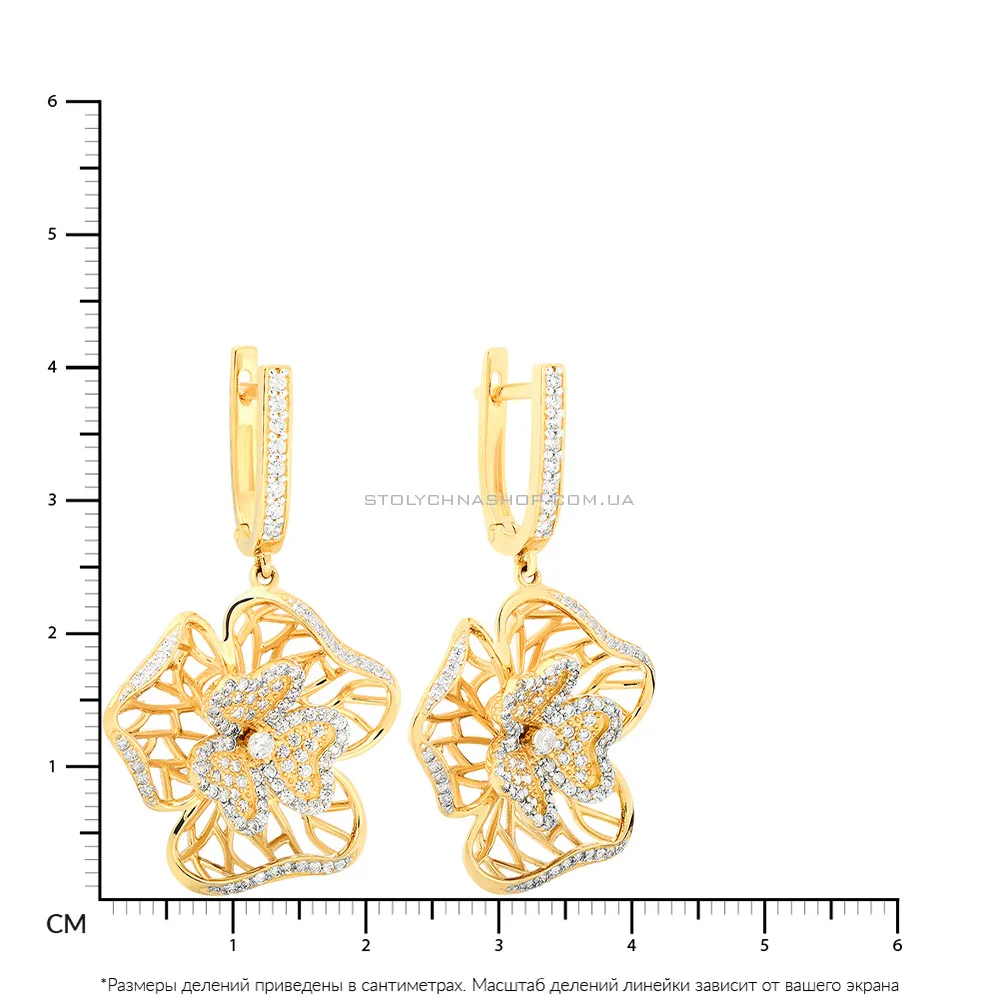 Золоті сережки-підвіски «Квіти» з фіанітами (арт. 110416ж)
