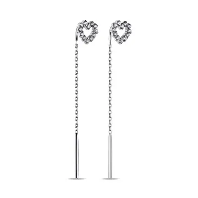 Сережки-протяжки зі срібла Сердечка з фіанітами (арт. 7502/А571сю)
