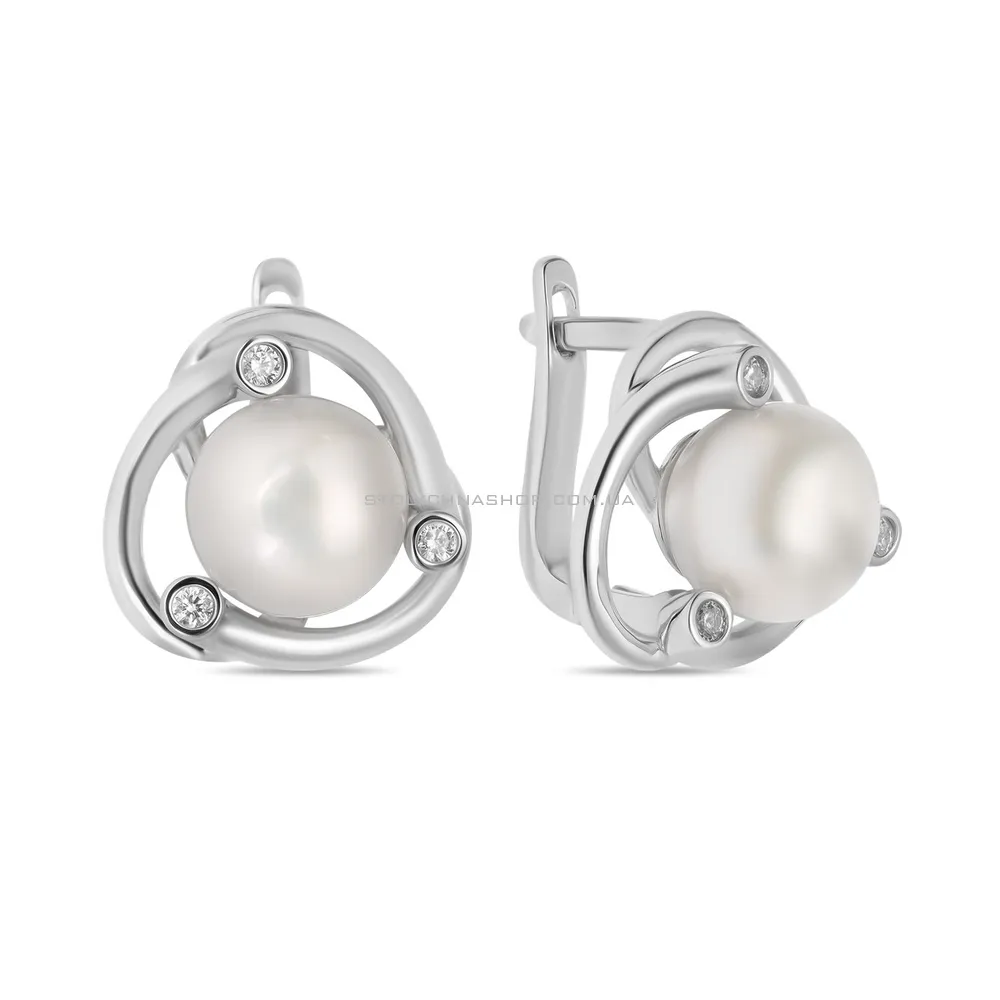 Срібні сережки з перлами і фіанітами (арт. 7502/4014жб)