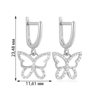 Сережки-підвіски з білого золота «Метелики» з фіанітами (арт. 110308б)