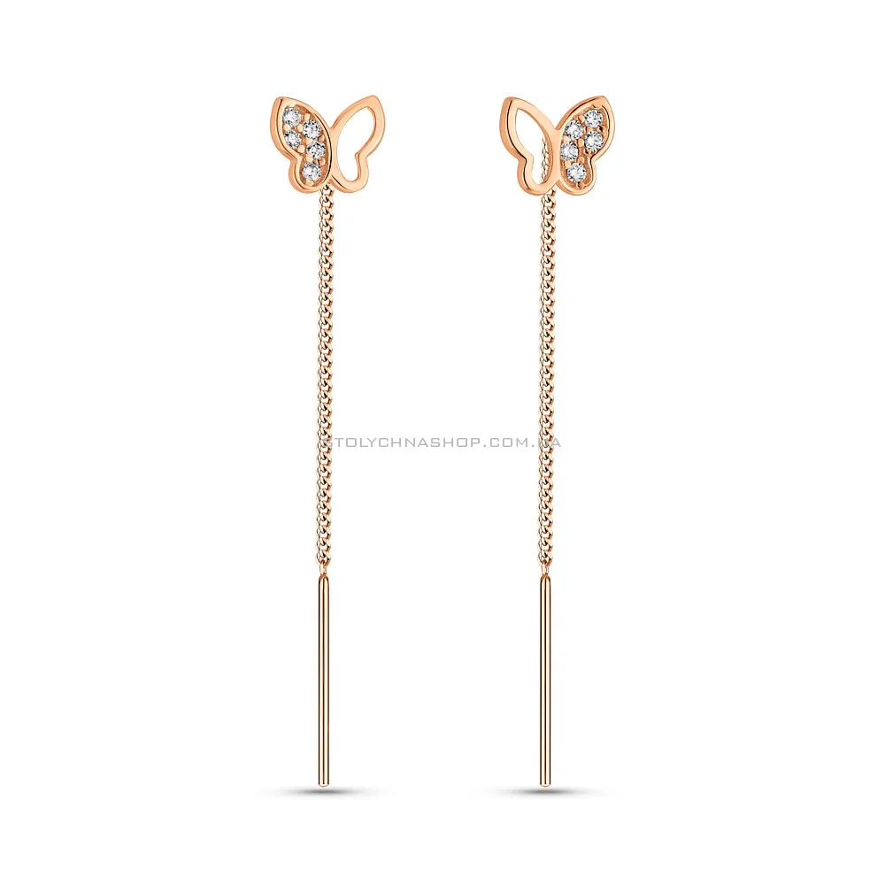 Золотые сережки-протяжки Бабочки с фианитами (арт. 109922)