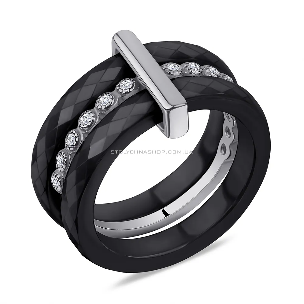 Тройное керамическое кольцо с серебром и фианитами  (арт. 7501/1629ч005а)