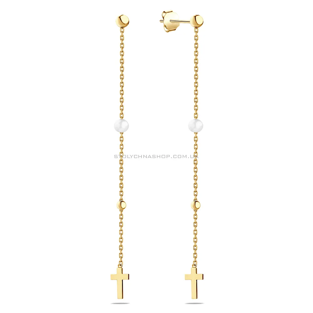 Золоті сережки-підвіски з перлами (арт. 106796жпрлб)