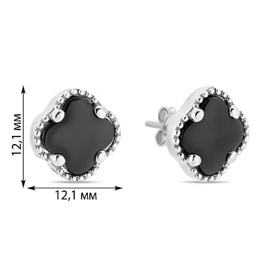 Сережки-пусети "Клевер" з білого золота з оніксом (арт. 105933бо)