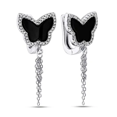 Срібні сережки підвіски «Метелики» з оніксом (арт. 7502/3216о)