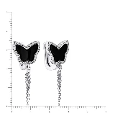 Срібні сережки підвіски «Метелики» з оніксом (арт. 7502/3216о)