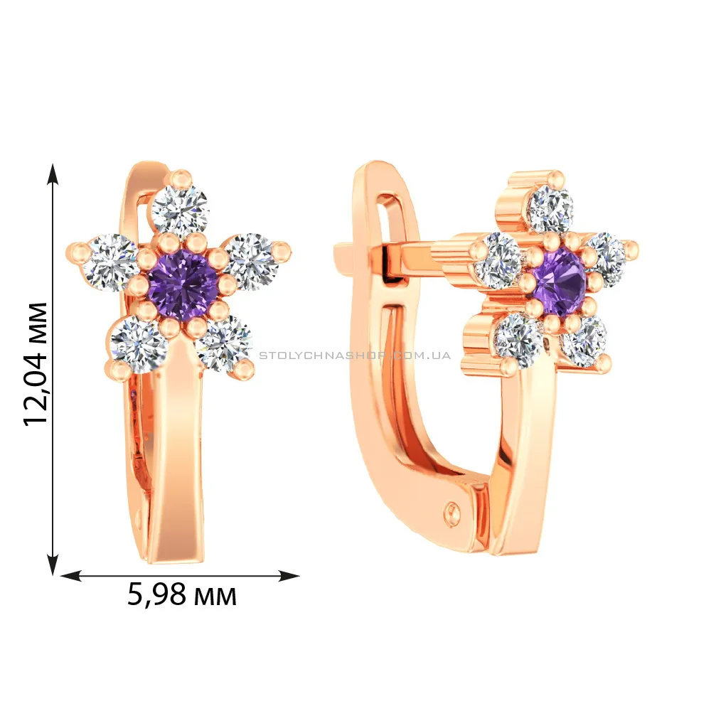 Дитячі золоті сережки «Квіточки» з фіолетовими фіанітами (арт. 110613ф) - 2 - цена