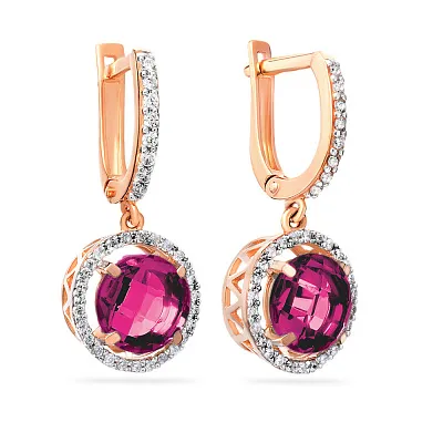Золоті сережки з рожевим кварцом та фіанітами (арт. 110265ПрГ)