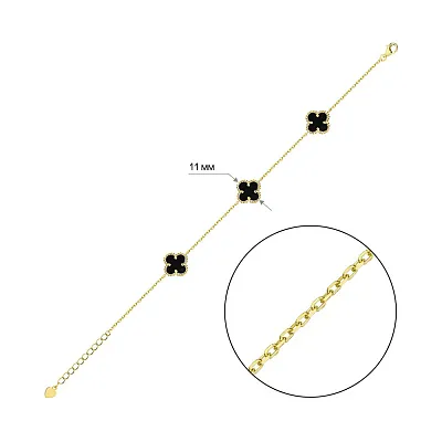Серебряный браслет Клевер с ониксом и желтым родированием (арт. 7509/1364/10жо)