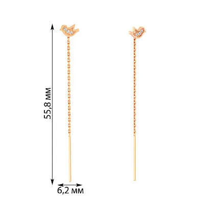 Золотые серьги протяжки &quot;Птица&quot; с фианитами  (арт. 110053)