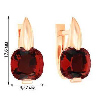 Золоті сережки в червоному кольорі металу з кварцом (арт. 110258ПкГ)