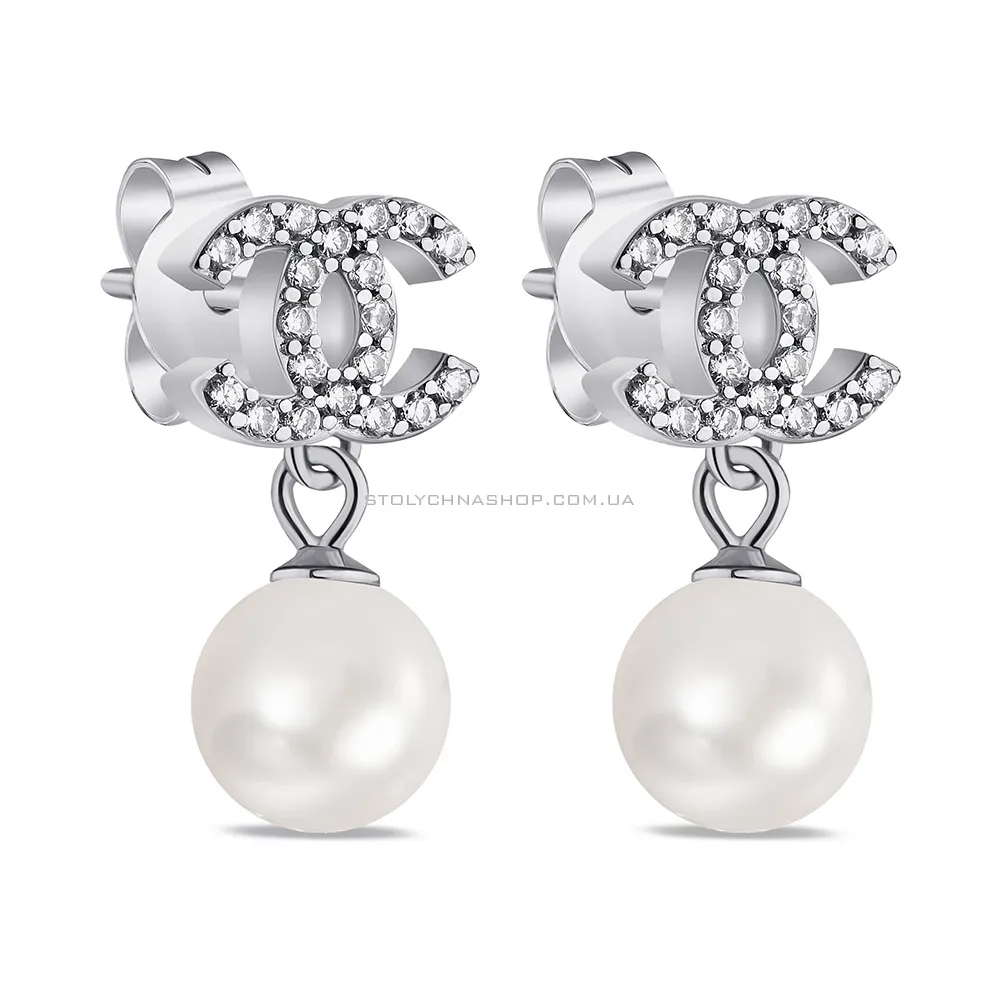 Срібні сережки з перлинами та фіанітами  (арт. 7518/6470жб) - цена