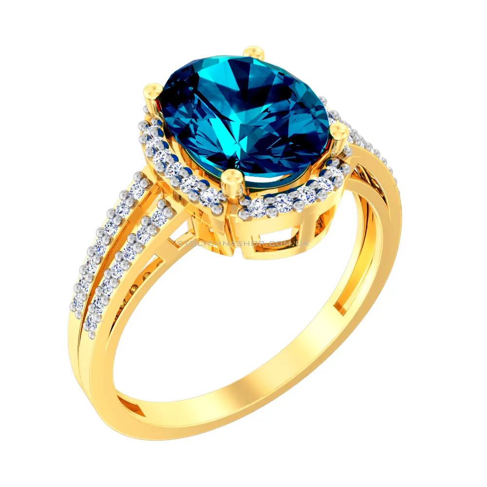 Золотое кольцо с топазом лондон и фианитами (арт. 140458Пжл) - цена