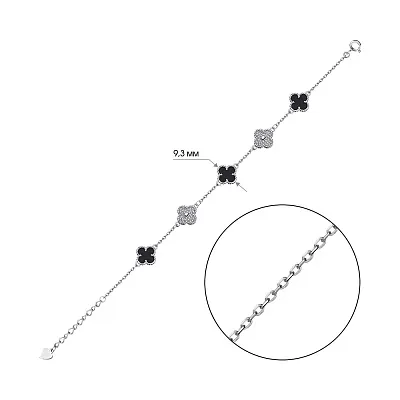 Серебряный браслет Клевер с ониксом и фианитами (арт. 7509/4266/9о)