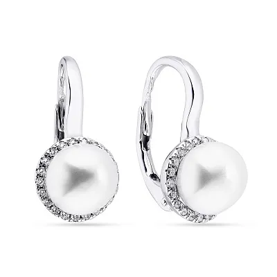 Срібні сережки з перлами і фіанітами (арт. 7502/3413жб)