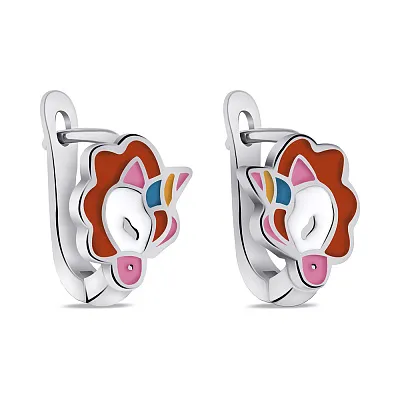 Серебряные серьги Единорог с эмалью (арт. 7502/9731е)