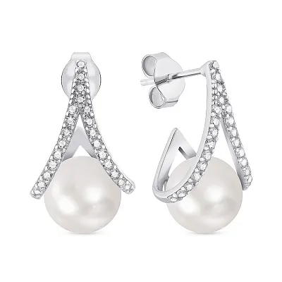 Серебряные серьги с жемчугом и фианитами (арт. 7518/7122жб)