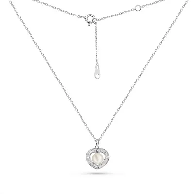 Серебряное колье Сердце с жемчугом и с фианитами (арт. 7507/2270жб)
