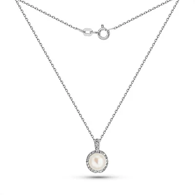 Серебряное колье с жемчугом и фианитами (арт. 7507/2304жб)